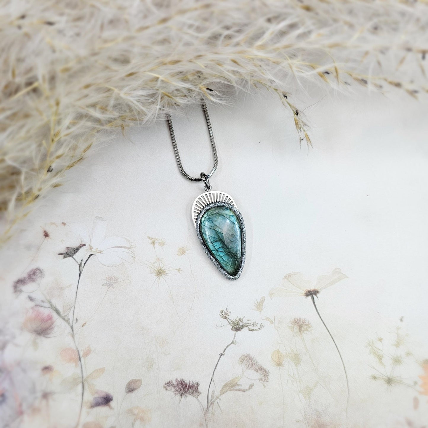 Handmade labradorite pendant necklace with a short stainless steel chain. Features a unique polymer clay setting. One of a kind magical jewelry, perfect gift for her.