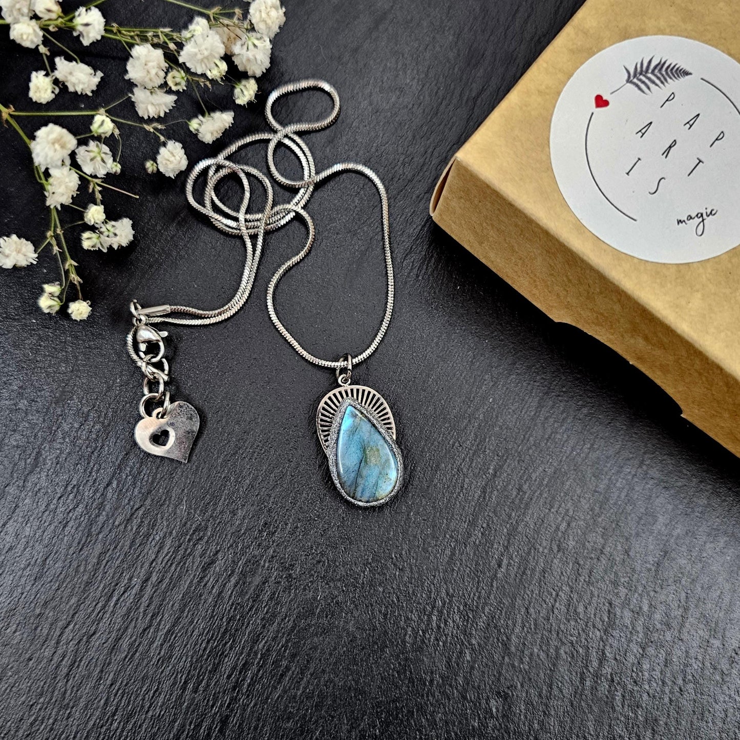 Delicate Labradorite Necklace – Small Blue Glow Pendant – Stainless Steel Minimalist Jewelry – Magical Gift for Her - Minimalistic pendant