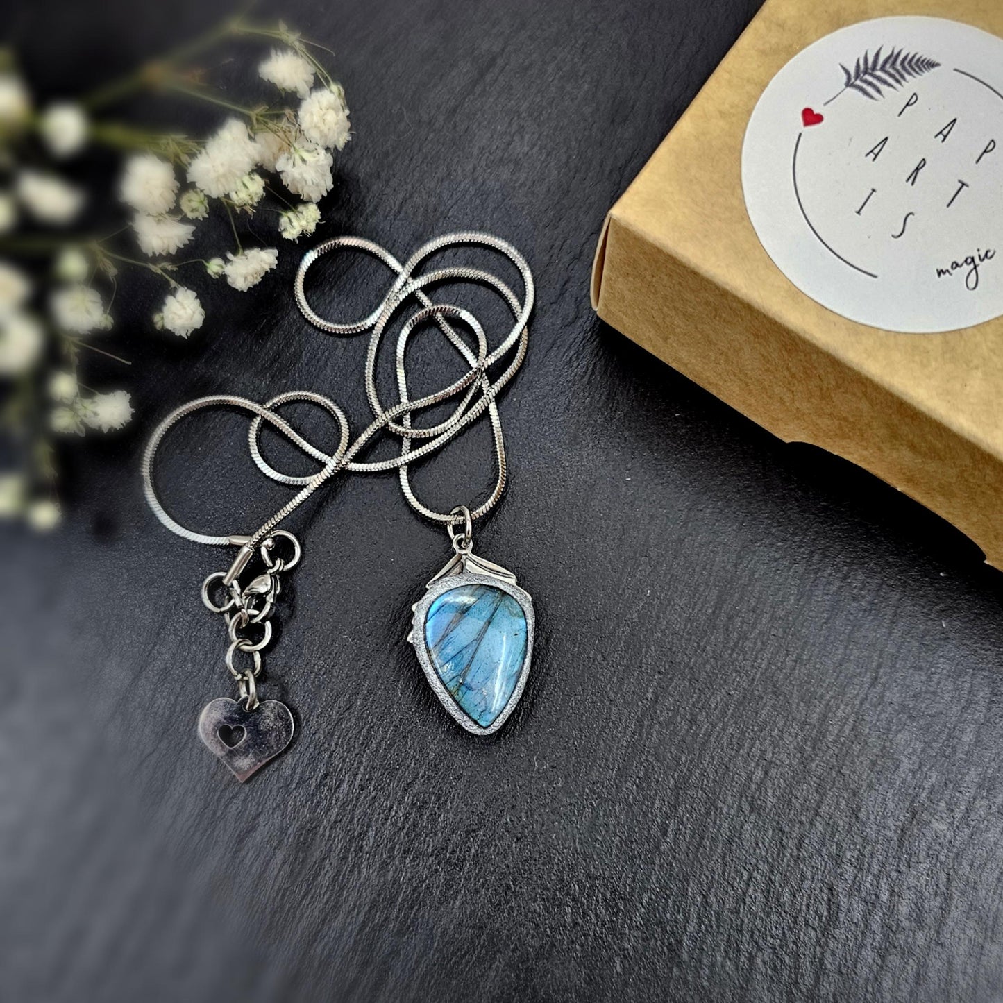 Handmade labradorite pendant necklace with a short stainless steel chain. Features a unique polymer clay setting. One of a kind magical jewelry, perfect gift for her.