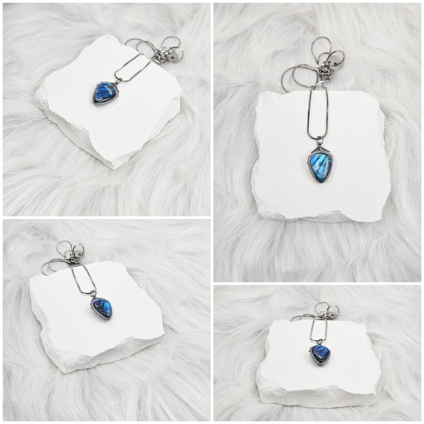 Handmade labradorite pendant necklace with a short stainless steel chain. Features a unique polymer clay setting. One of a kind magical jewelry, perfect gift for her.