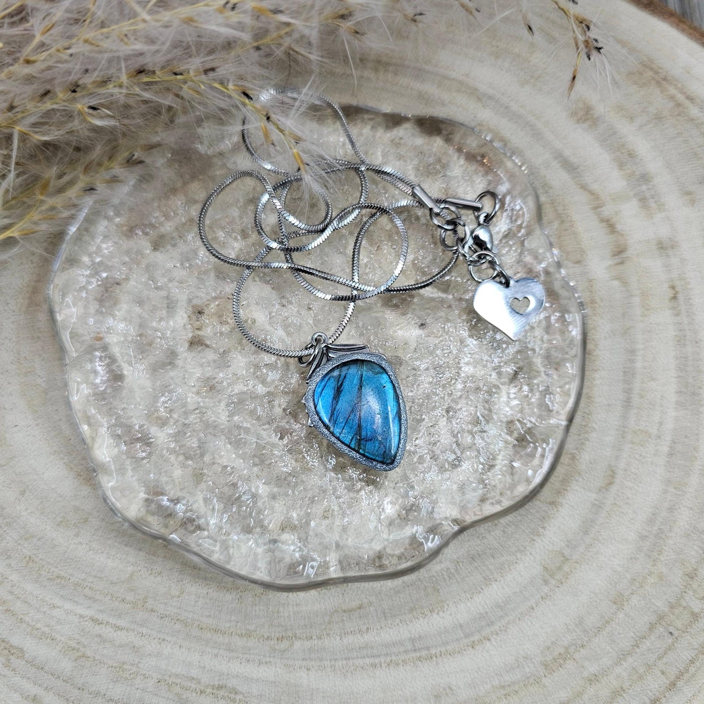 Handmade labradorite pendant necklace with a short stainless steel chain. Features a unique polymer clay setting. One of a kind magical jewelry, perfect gift for her.