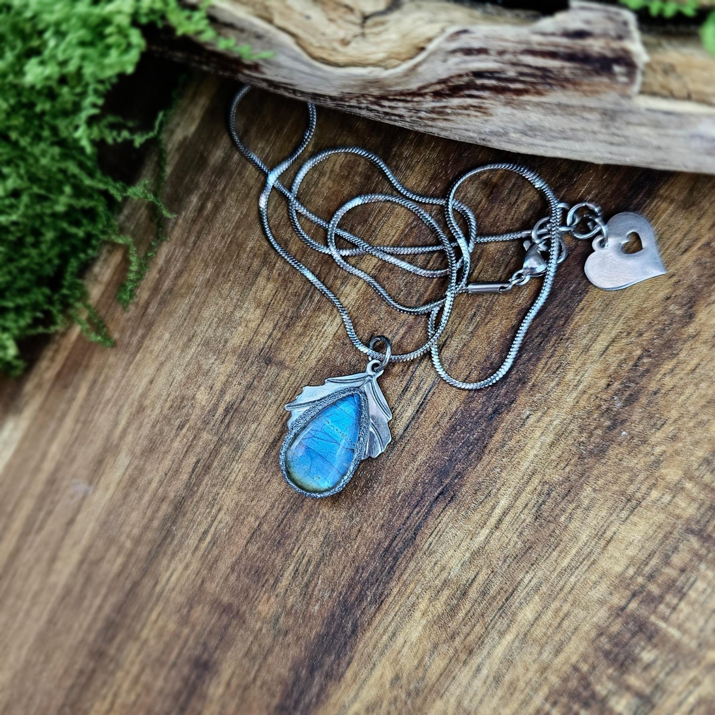 Handmade labradorite pendant necklace with a short stainless steel chain. Features a unique polymer clay setting. One of a kind magical jewelry, perfect gift for her.
