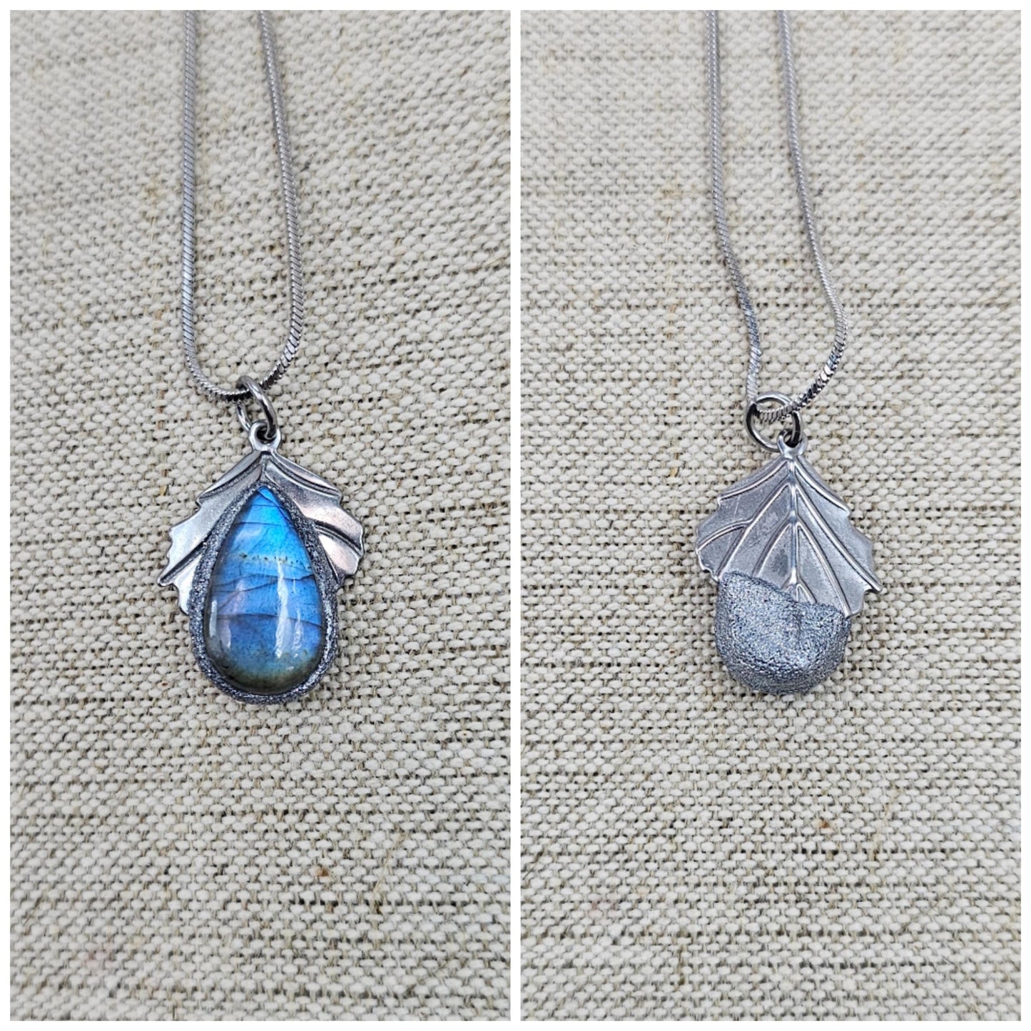 Handmade labradorite pendant necklace with a short stainless steel chain. Features a unique polymer clay setting. One of a kind magical jewelry, perfect gift for her.