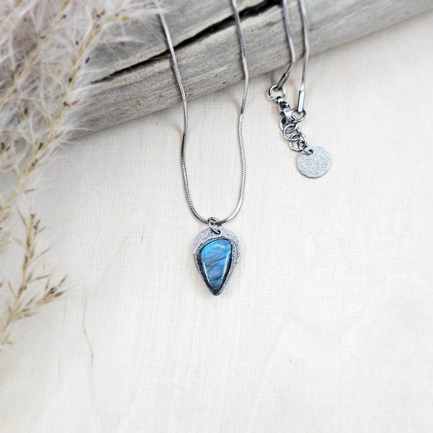 Handmade labradorite pendant necklace with a short stainless steel chain. Features a unique polymer clay setting. One of a kind magical jewelry, perfect gift for her.