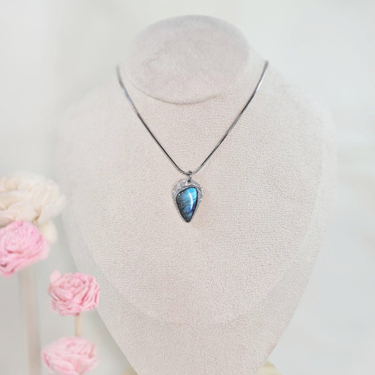 Handmade labradorite pendant necklace with a short stainless steel chain. Features a unique polymer clay setting. One of a kind magical jewelry, perfect gift for her.