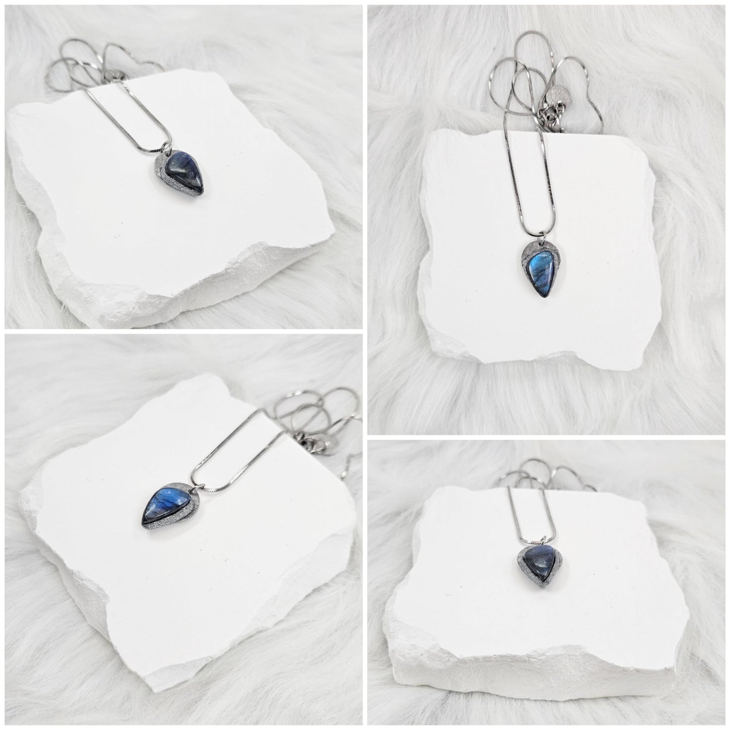 Handmade labradorite pendant necklace with a short stainless steel chain. Features a unique polymer clay setting. One of a kind magical jewelry, perfect gift for her.