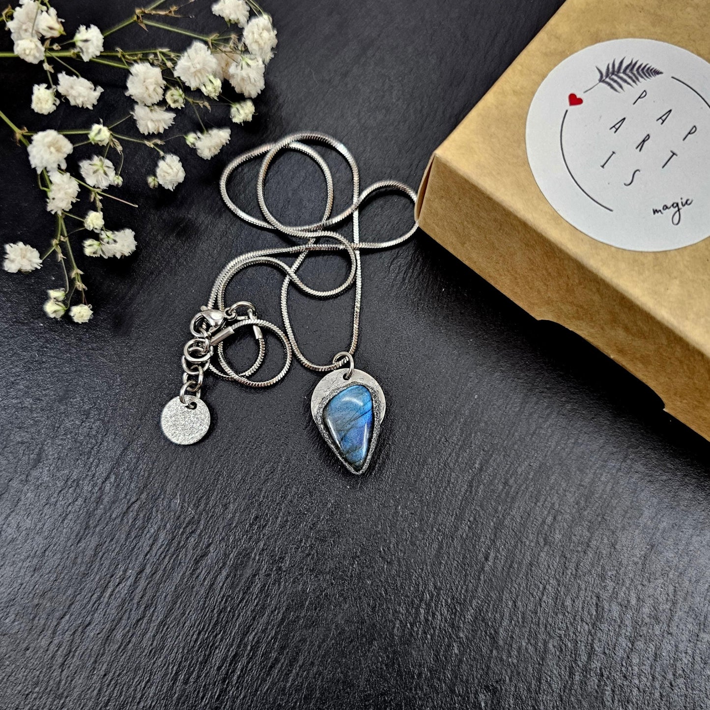 Handmade labradorite pendant necklace with a short stainless steel chain. Features a unique polymer clay setting. One of a kind magical jewelry, perfect gift for her.