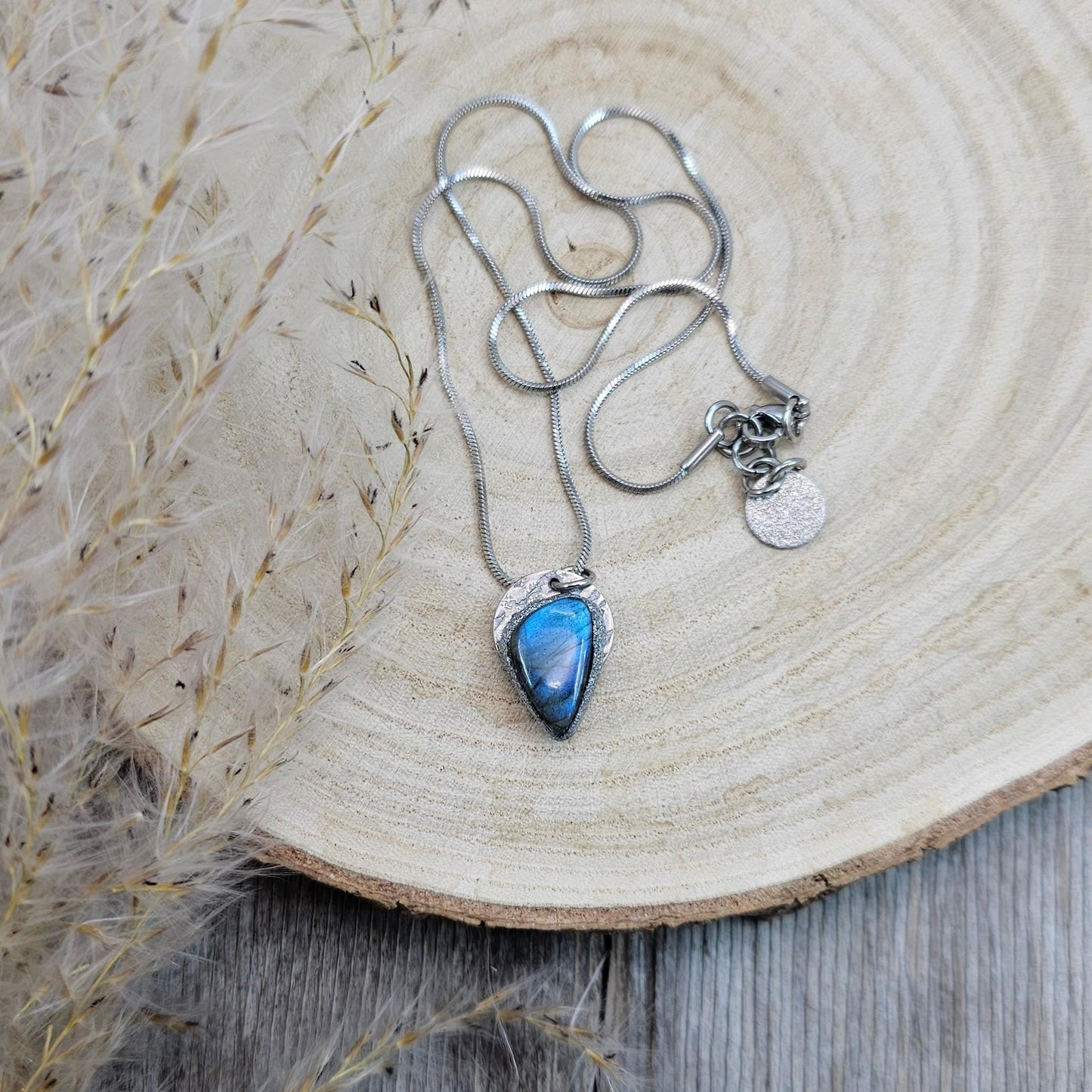 Handmade labradorite pendant necklace with a short stainless steel chain. Features a unique polymer clay setting. One of a kind magical jewelry, perfect gift for her.