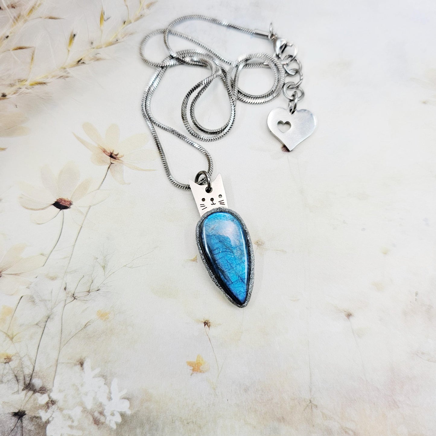 Cat pendant. For cats lover. Handmade labradorite pendant necklace with a short stainless steel chain. Features a unique polymer clay setting. One of a kind magical jewelry, perfect gift for her.