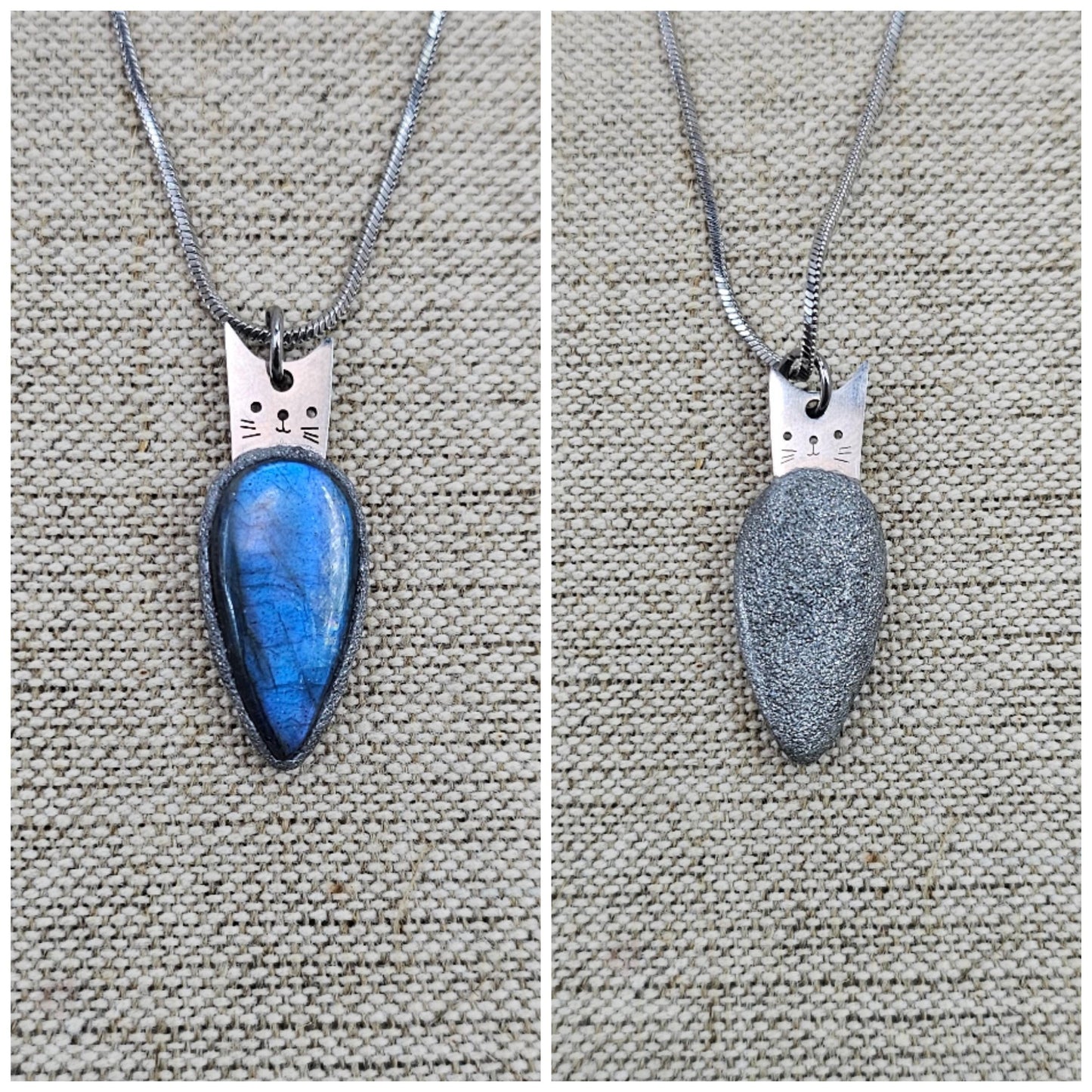 Cat pendant. For cats lover. Handmade labradorite pendant necklace with a short stainless steel chain. Features a unique polymer clay setting. One of a kind magical jewelry, perfect gift for her.