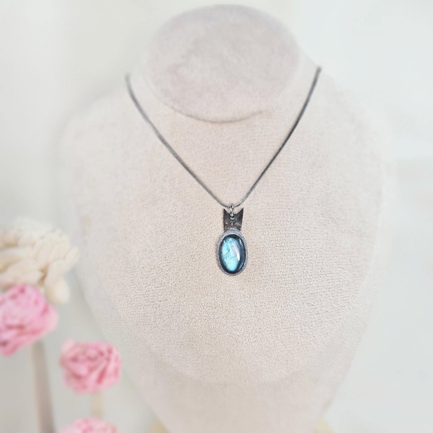 Handmade labradorite pendant necklace with a short stainless steel chain. Features a unique polymer clay setting. One of a kind magical jewelry, perfect gift for her.