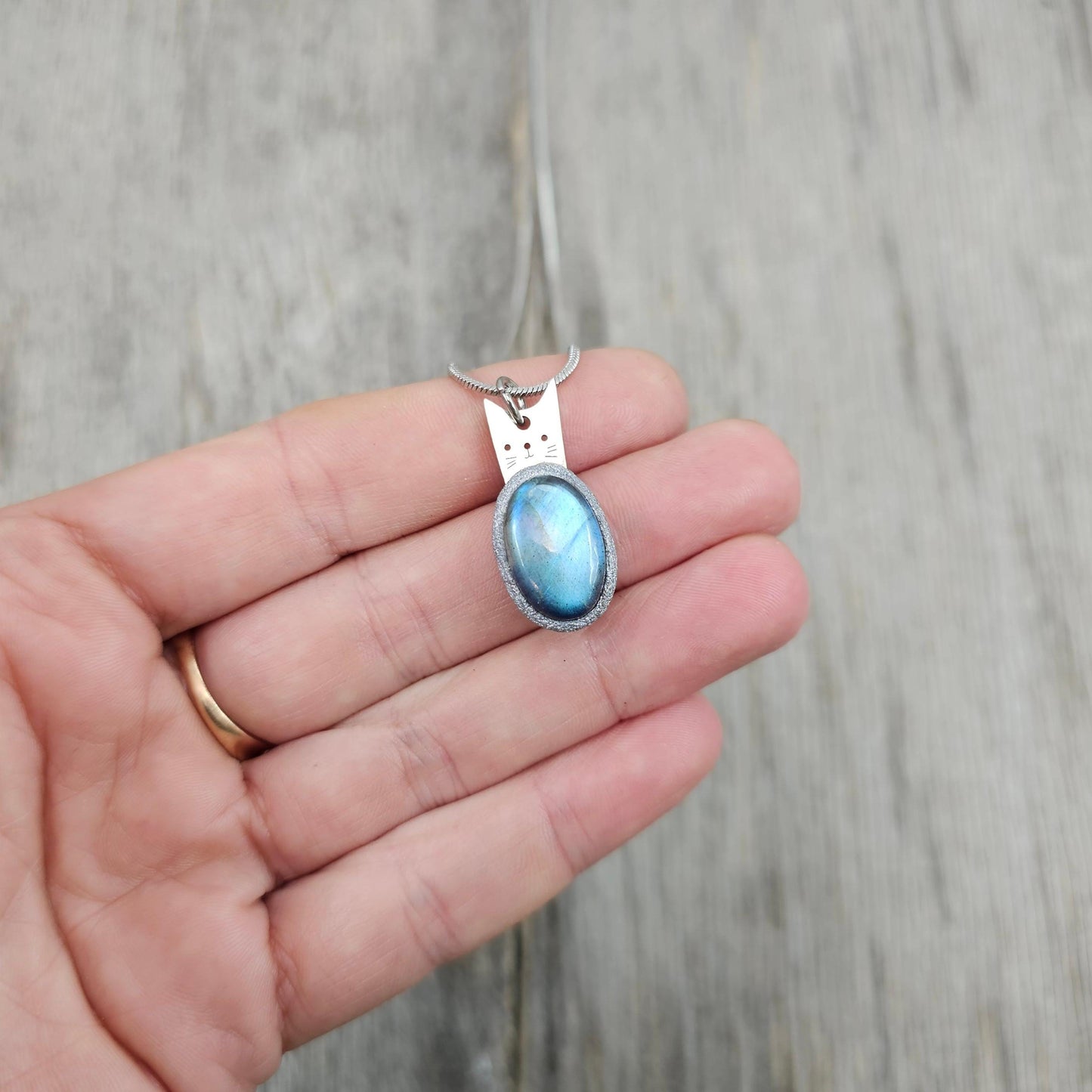 Handmade labradorite pendant necklace with a short stainless steel chain. Features a unique polymer clay setting. One of a kind magical jewelry, perfect gift for her.