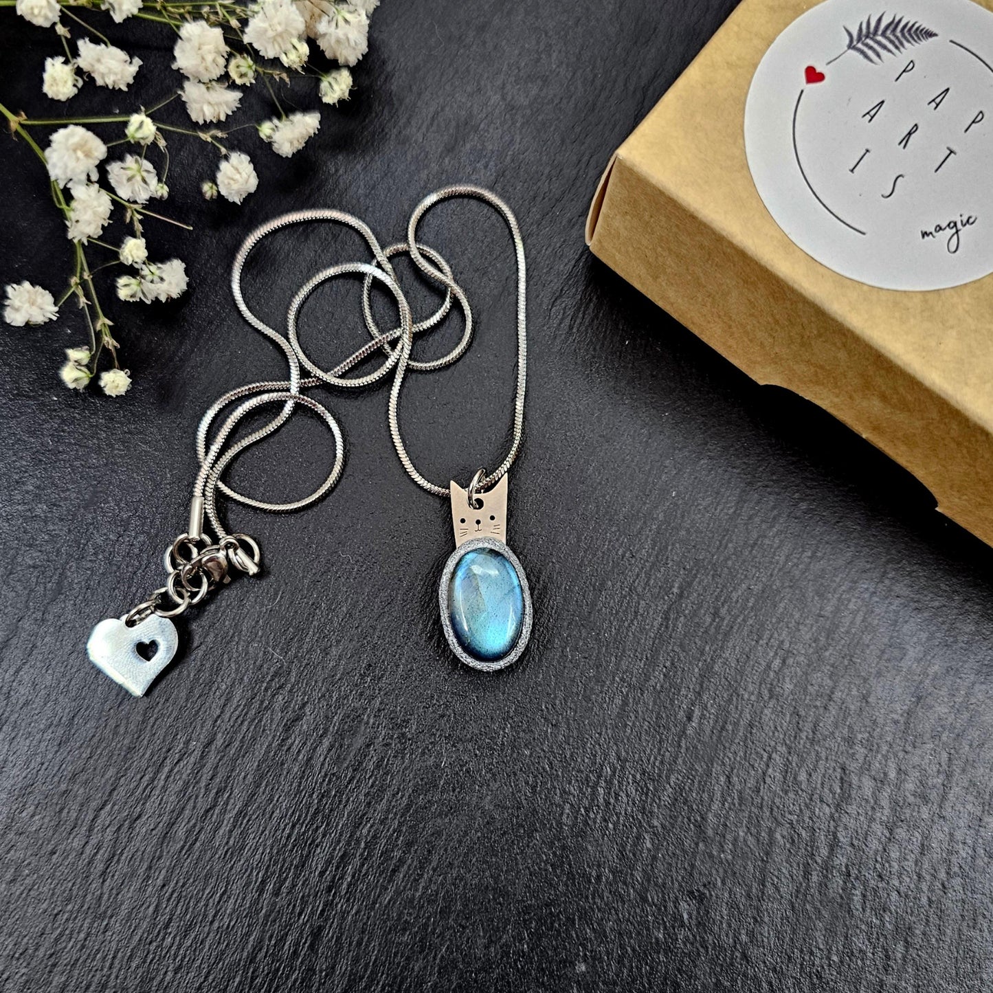 Mini Oval Cat Labradorite Necklace – Stainless Steel Kitty Pendant – Unique Gift for Cat Lovers – Handmade Protective Talisman - Blue Amulet