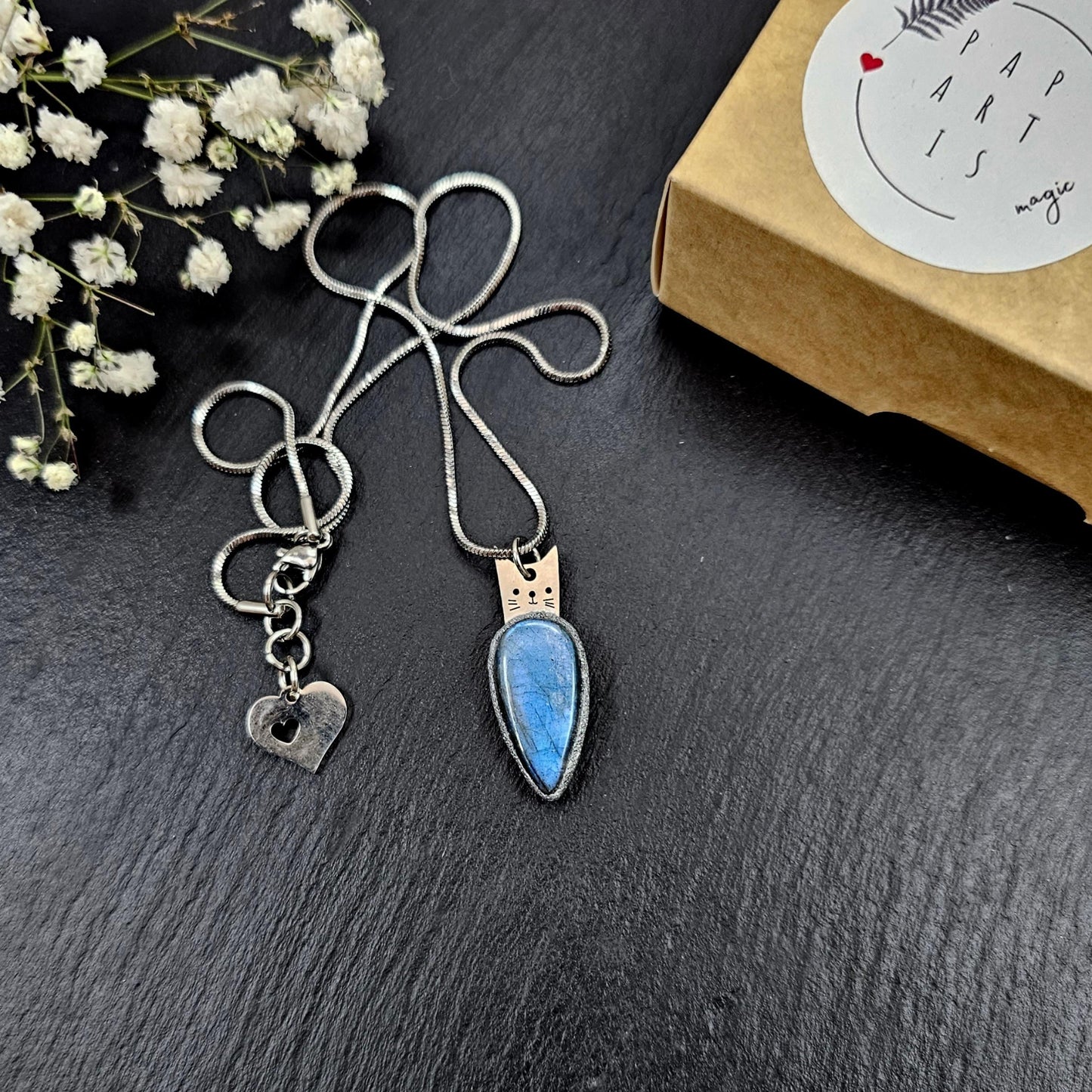 Cat pendant. For cats lover. Handmade labradorite pendant necklace with a short stainless steel chain. Features a unique polymer clay setting. One of a kind magical jewelry, perfect gift for her.