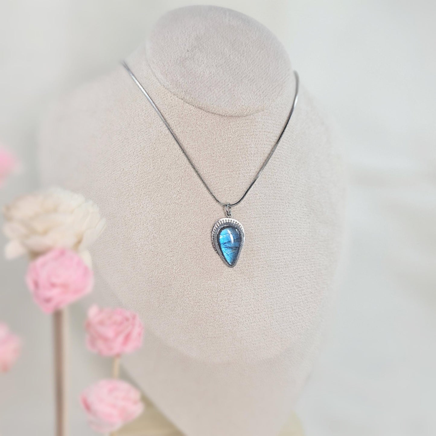 Handmade labradorite pendant necklace with a short stainless steel chain. Features a unique polymer clay setting. One of a kind magical jewelry, perfect gift for her.