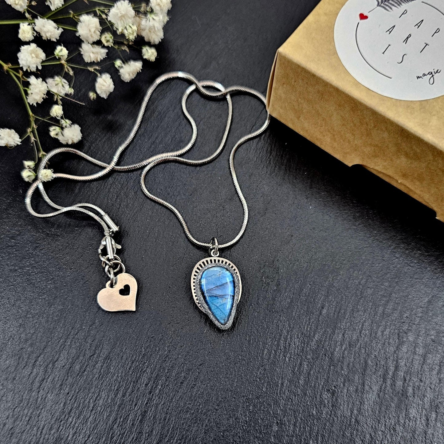 Handmade labradorite pendant necklace with a short stainless steel chain. Features a unique polymer clay setting. One of a kind magical jewelry, perfect gift for her.