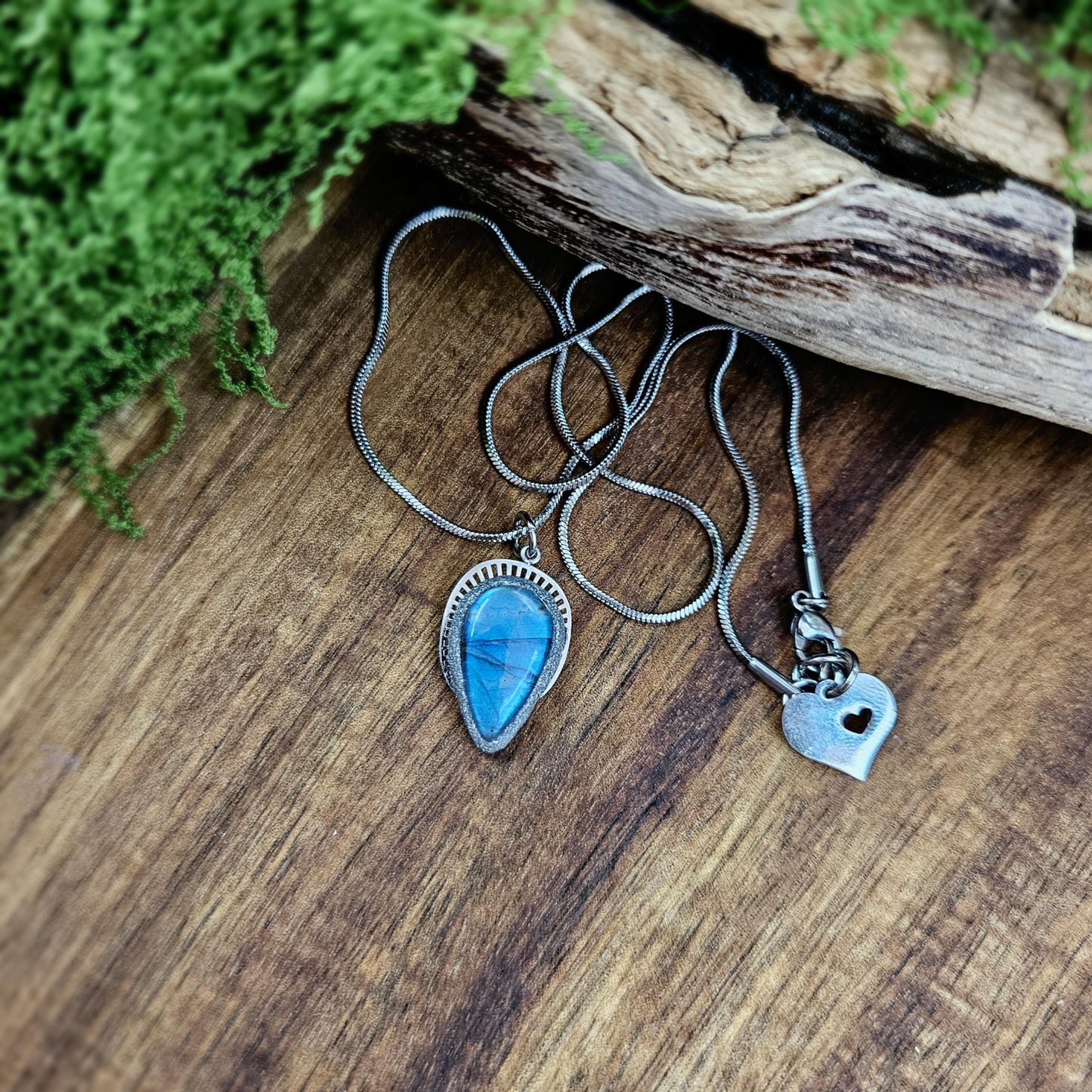 Handmade labradorite pendant necklace with a short stainless steel chain. Features a unique polymer clay setting. One of a kind magical jewelry, perfect gift for her.