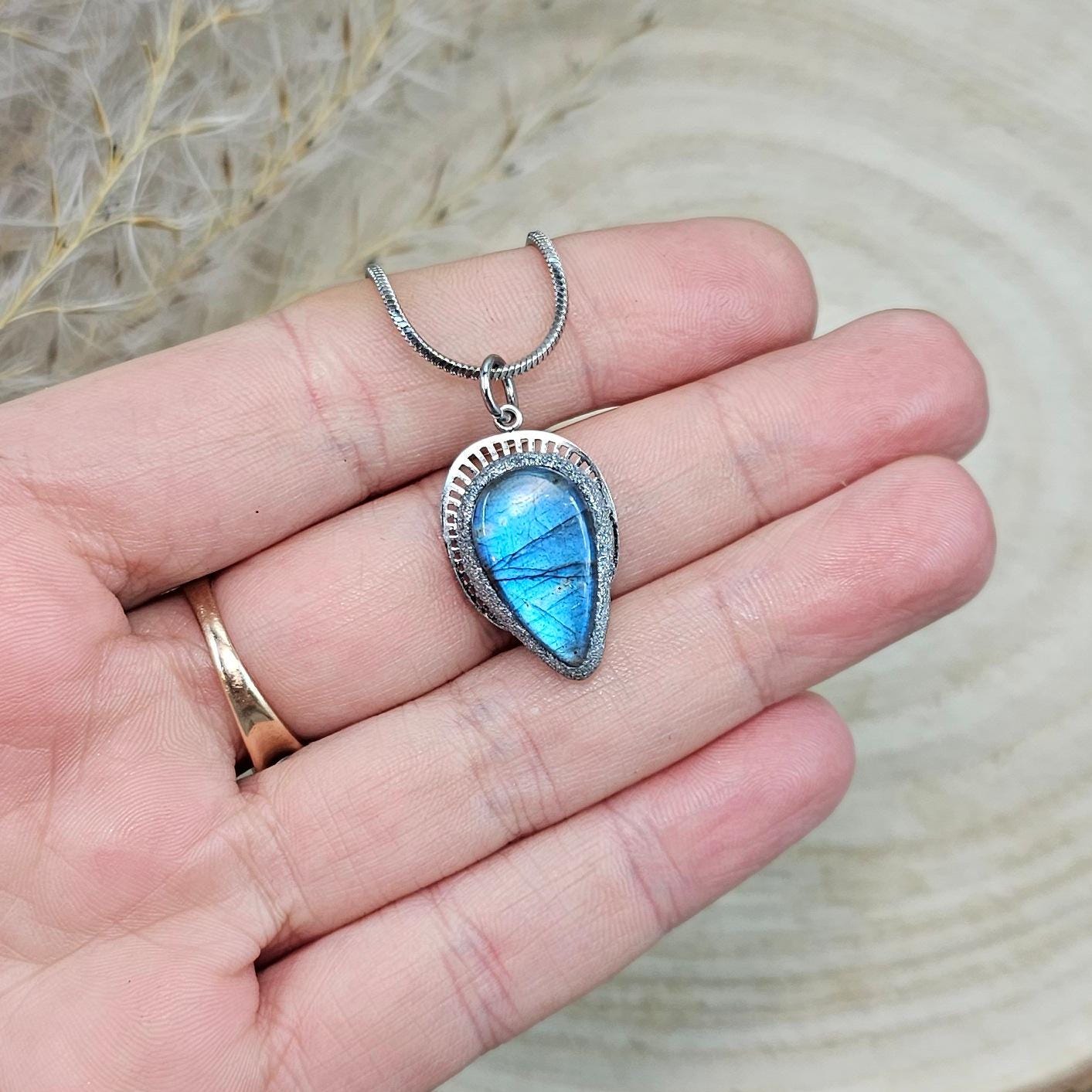 Handmade labradorite pendant necklace with a short stainless steel chain. Features a unique polymer clay setting. One of a kind magical jewelry, perfect gift for her.