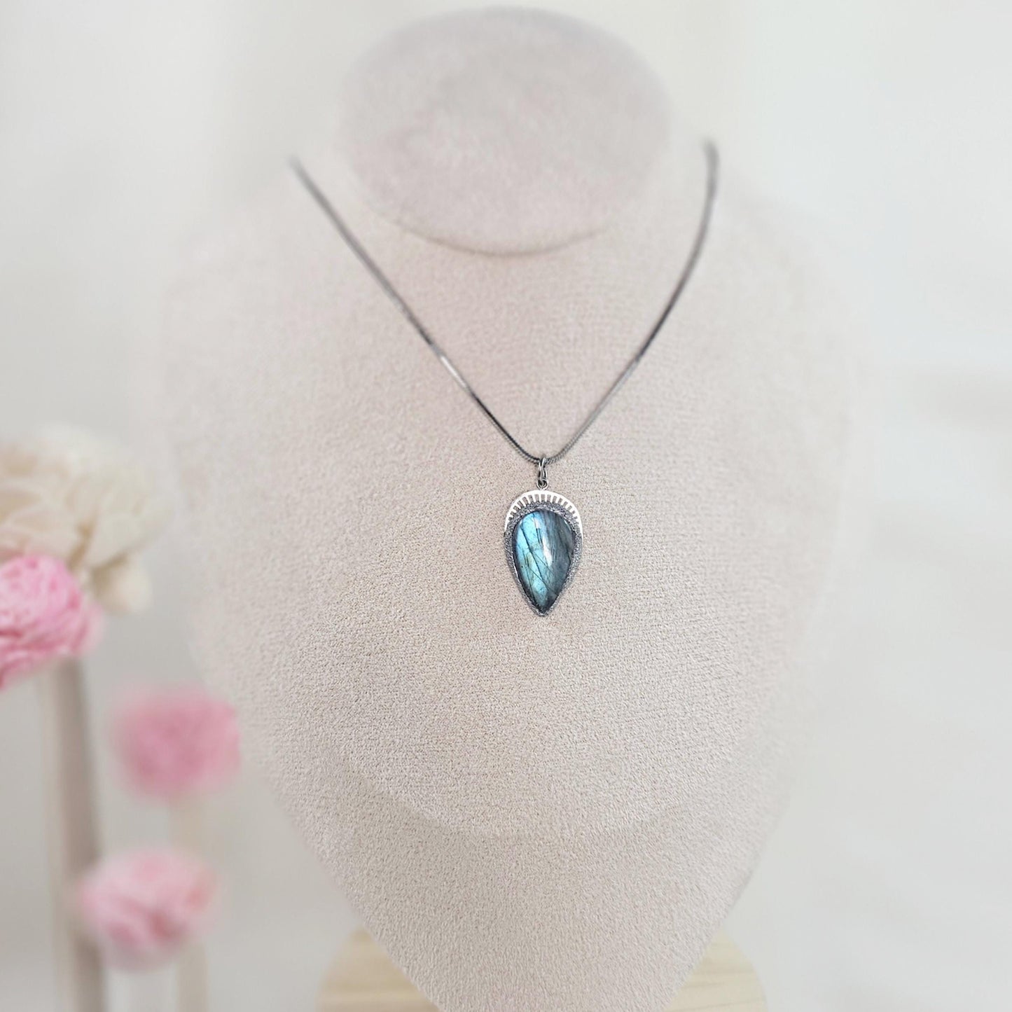 Handmade labradorite pendant necklace with a short stainless steel chain. Features a unique polymer clay setting. One of a kind magical jewelry, perfect gift for her.