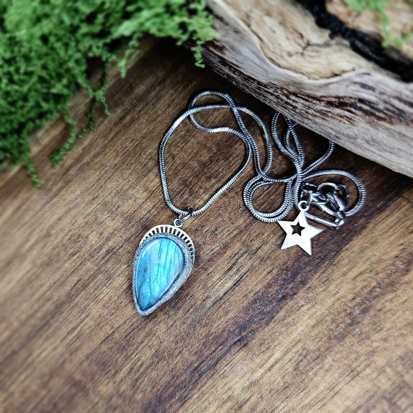 Handmade labradorite pendant necklace with a short stainless steel chain. Features a unique polymer clay setting. One of a kind magical jewelry, perfect gift for her.