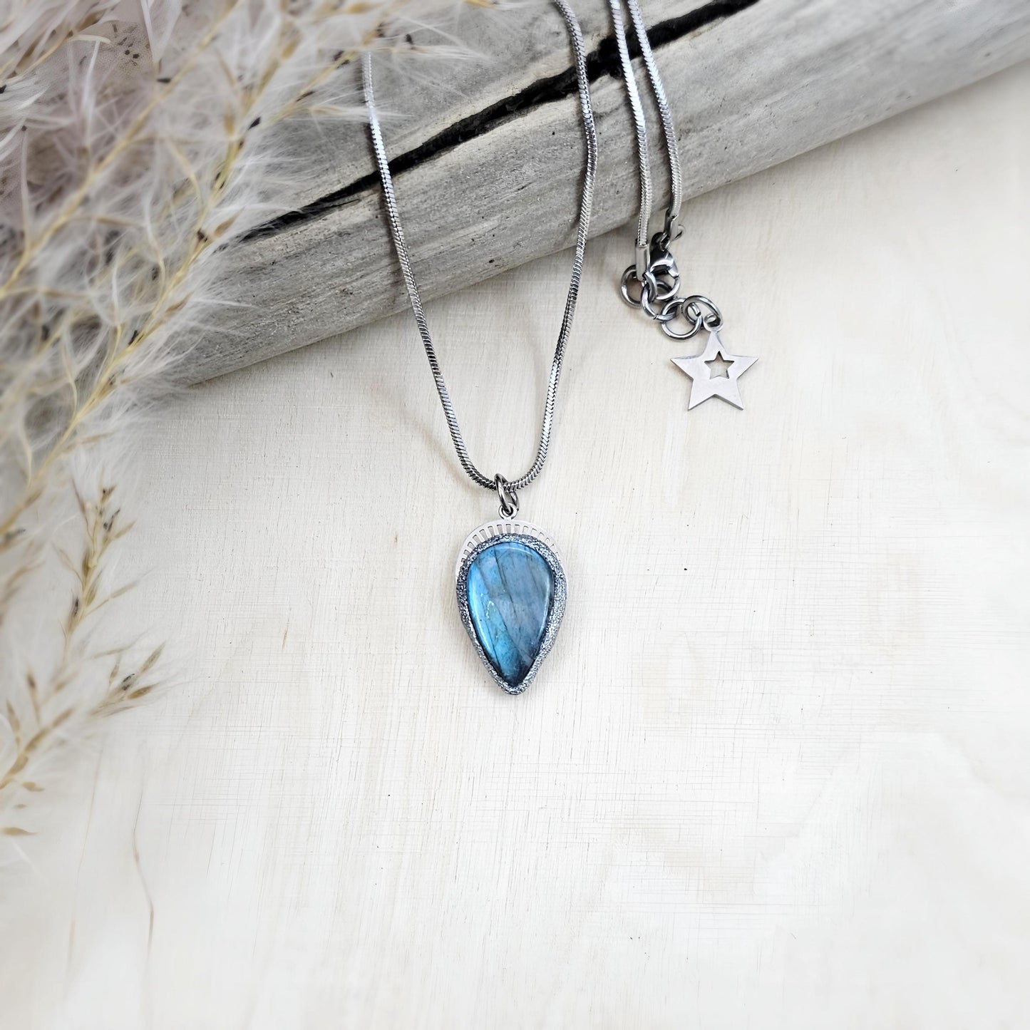 Handmade labradorite pendant necklace with a short stainless steel chain. Features a unique polymer clay setting. One of a kind magical jewelry, perfect gift for her.
