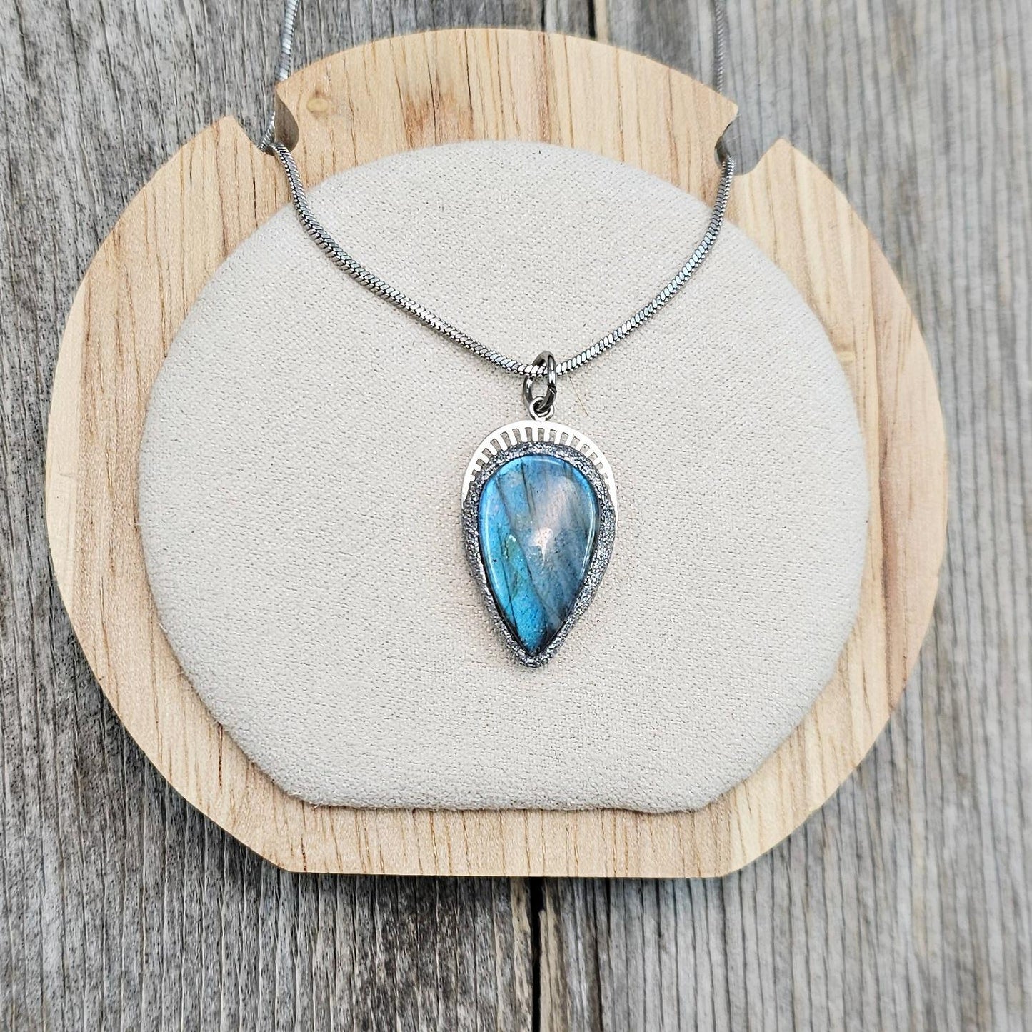 Handmade labradorite pendant necklace with a short stainless steel chain. Features a unique polymer clay setting. One of a kind magical jewelry, perfect gift for her.