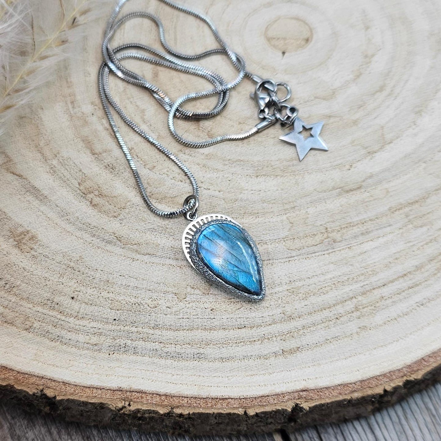 Handmade labradorite pendant necklace with a short stainless steel chain. Features a unique polymer clay setting. One of a kind magical jewelry, perfect gift for her.