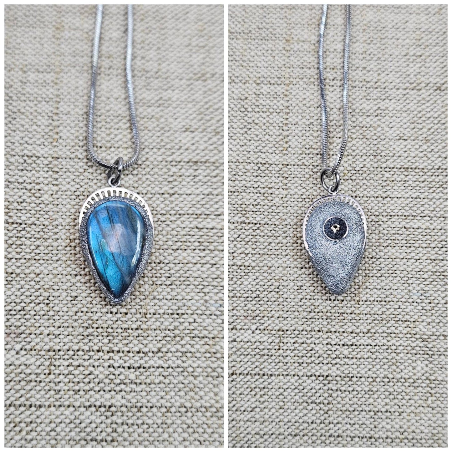 Handmade labradorite pendant necklace with a short stainless steel chain. Features a unique polymer clay setting. One of a kind magical jewelry, perfect gift for her.
