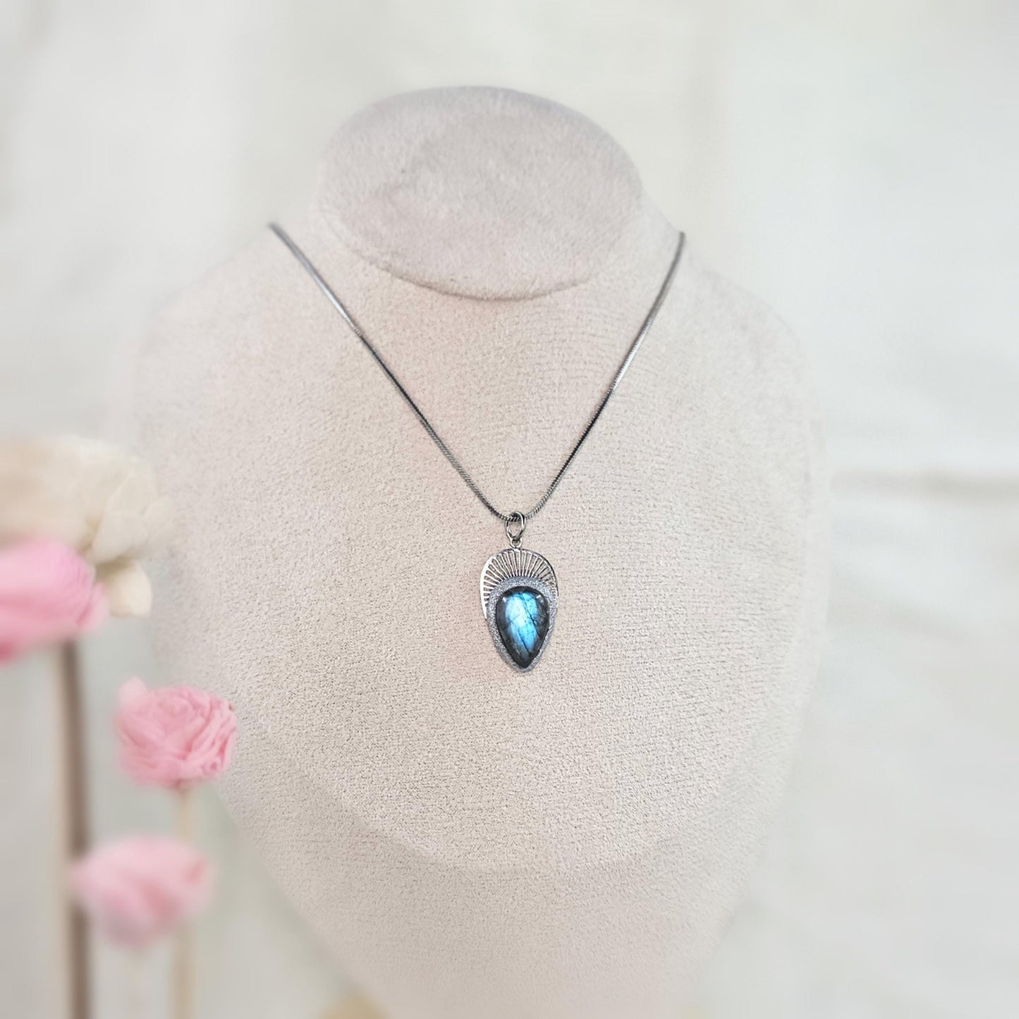 Celestial Blue Labradorite Necklace – Teardrop Pendant in Stainless Steel – Magical Handmade Gift for Her – Amulet Jewelry