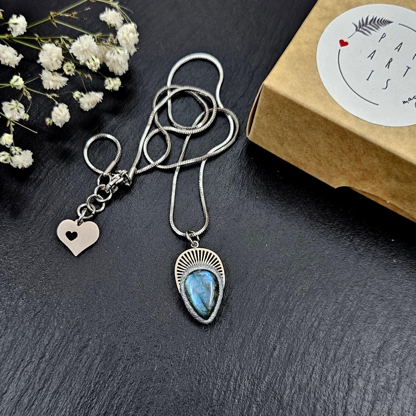 Celestial Blue Labradorite Necklace – Teardrop Pendant in Stainless Steel – Magical Handmade Gift for Her – Amulet Jewelry