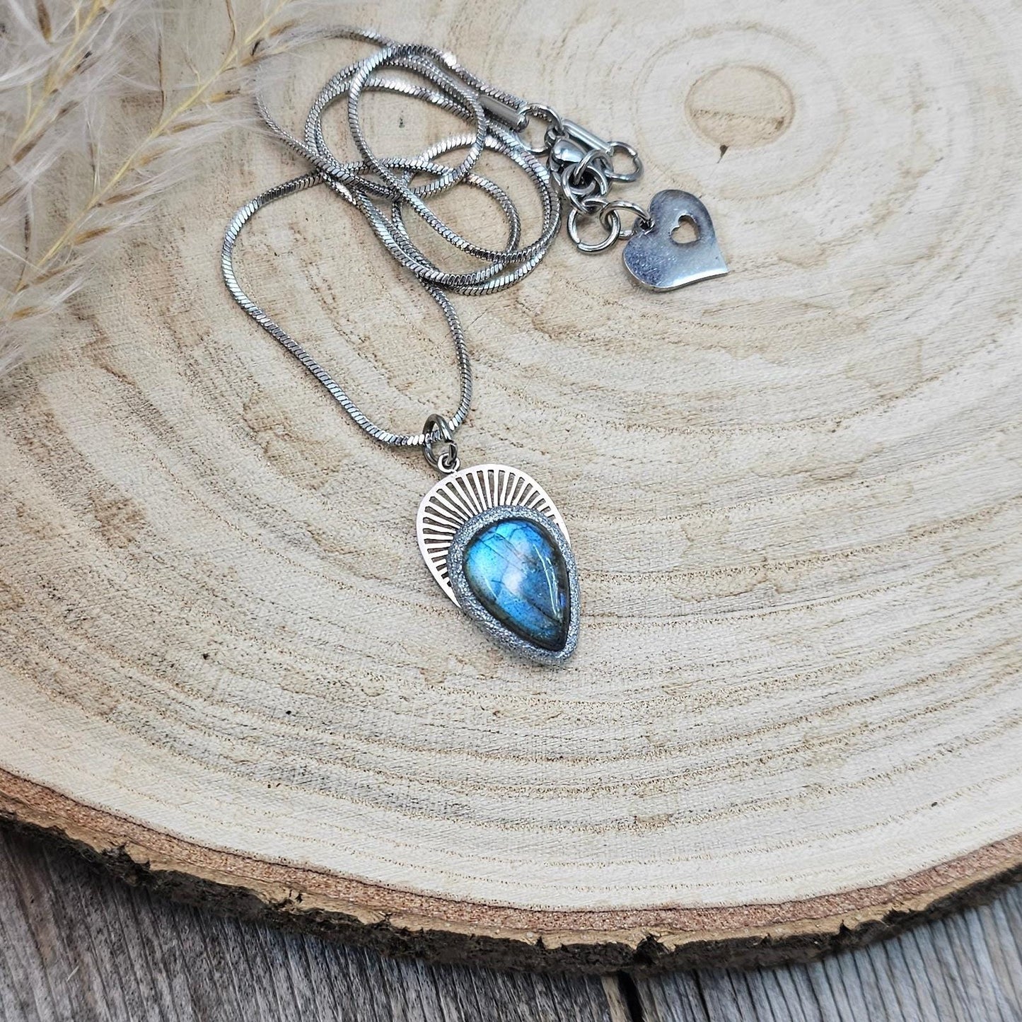 Celestial Blue Labradorite Necklace – Teardrop Pendant in Stainless Steel – Magical Handmade Gift for Her – Amulet Jewelry