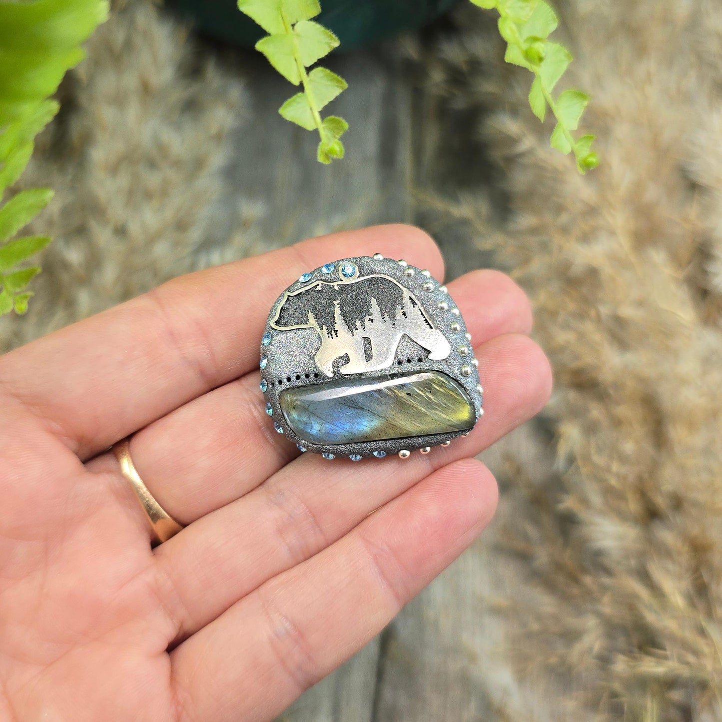 Handmade brooch with labradorite and bear design – polymer clay pin symbolizing strength and protection, unique nature-inspired jewelry.