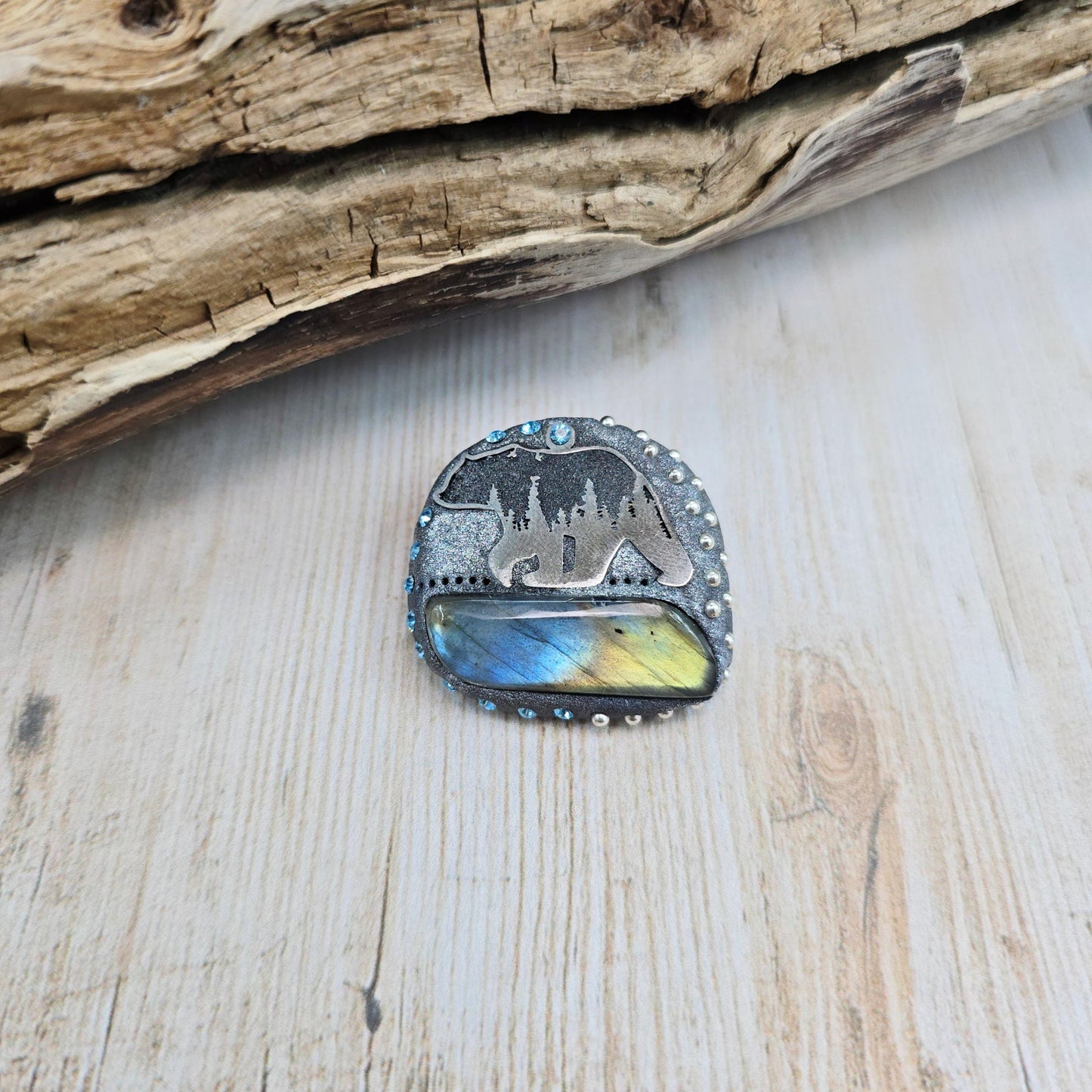 Handmade brooch with labradorite and bear design – polymer clay pin symbolizing strength and protection, unique nature-inspired jewelry.