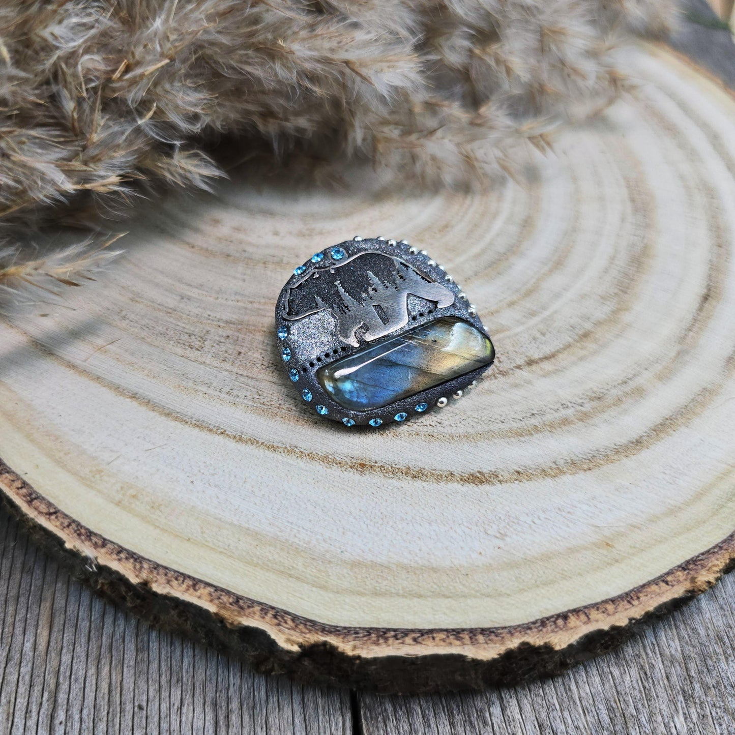 Handmade brooch with labradorite and bear design – polymer clay pin symbolizing strength and protection, unique nature-inspired jewelry.