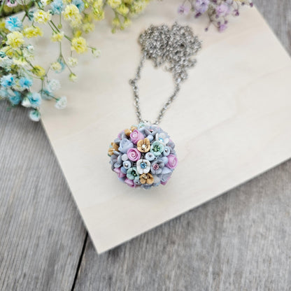 Pastel Bouquet Polymer Clay Pendant with Crystals on Metal Chain – Handmade Floral Jewelry