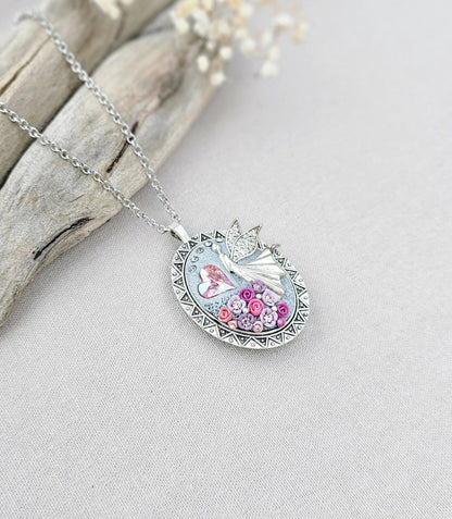 lavender fairy pendant, soft pink locket, fairy jewelry, silver chain necklace, photo locket, aromatic locket, handcrafted flowers, unique gift, whimsical charm, magical necklace, elegant jewelry, fairy tale locket, polymer clay pendant