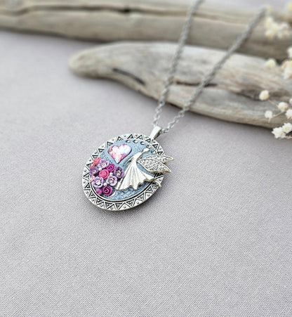 lavender fairy pendant, soft pink locket, fairy jewelry, silver chain necklace, photo locket, aromatic locket, handcrafted flowers, unique gift, whimsical charm, magical necklace, elegant jewelry, fairy tale locket, polymer clay pendant