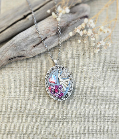 Double Sided Angel with Crystal Heart Pendant Locket, Polymer Clay Flowers, Fairy Pendant, Love Gift, Romantic Pink Pendant for Photo