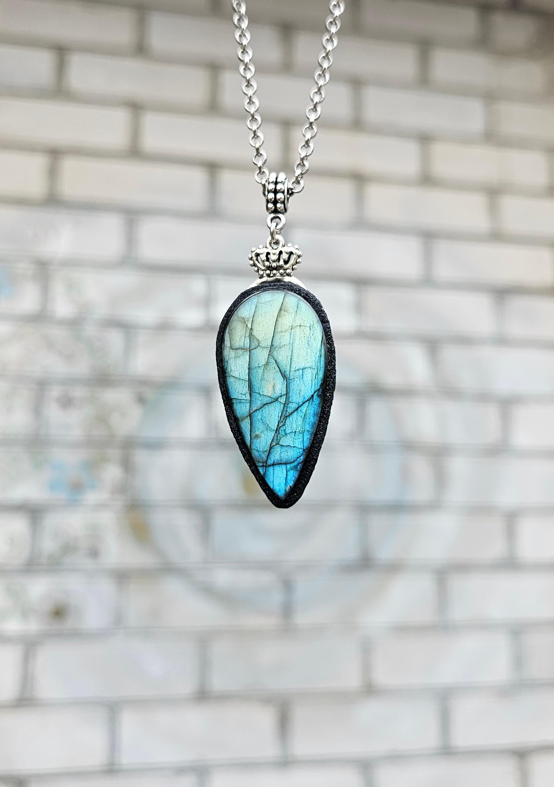 Labradorite pendant, polymer clay frame, heart detail, silver color chain