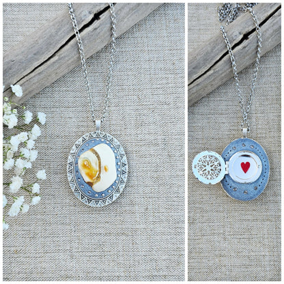 Double Sided Baltic Amber Polymer Clay Pendant Locket with Silver Tone Metal, Perfect Medallion for Photo or Essential Oil