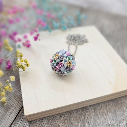 Pastel Bouquet Polymer Clay Pendant with Crystals on Metal Chain – Handmade Floral Jewelry