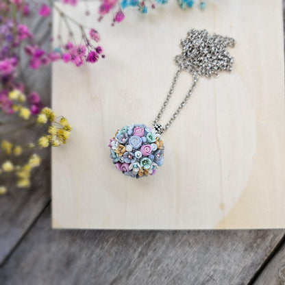 Pastel Bouquet Polymer Clay Pendant with Crystals on Metal Chain – Handmade Floral Jewelry