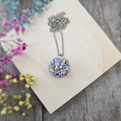 Pastel Bouquet Polymer Clay Pendant with Crystals on Metal Chain – Handmade Floral Jewelry