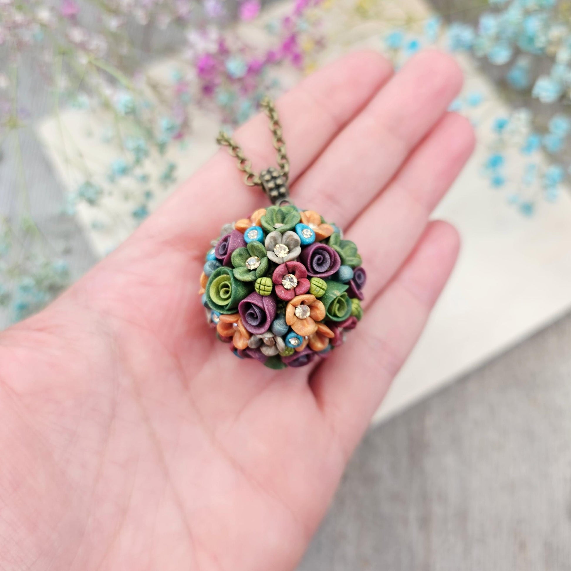 Ball floral polymer clay pendant