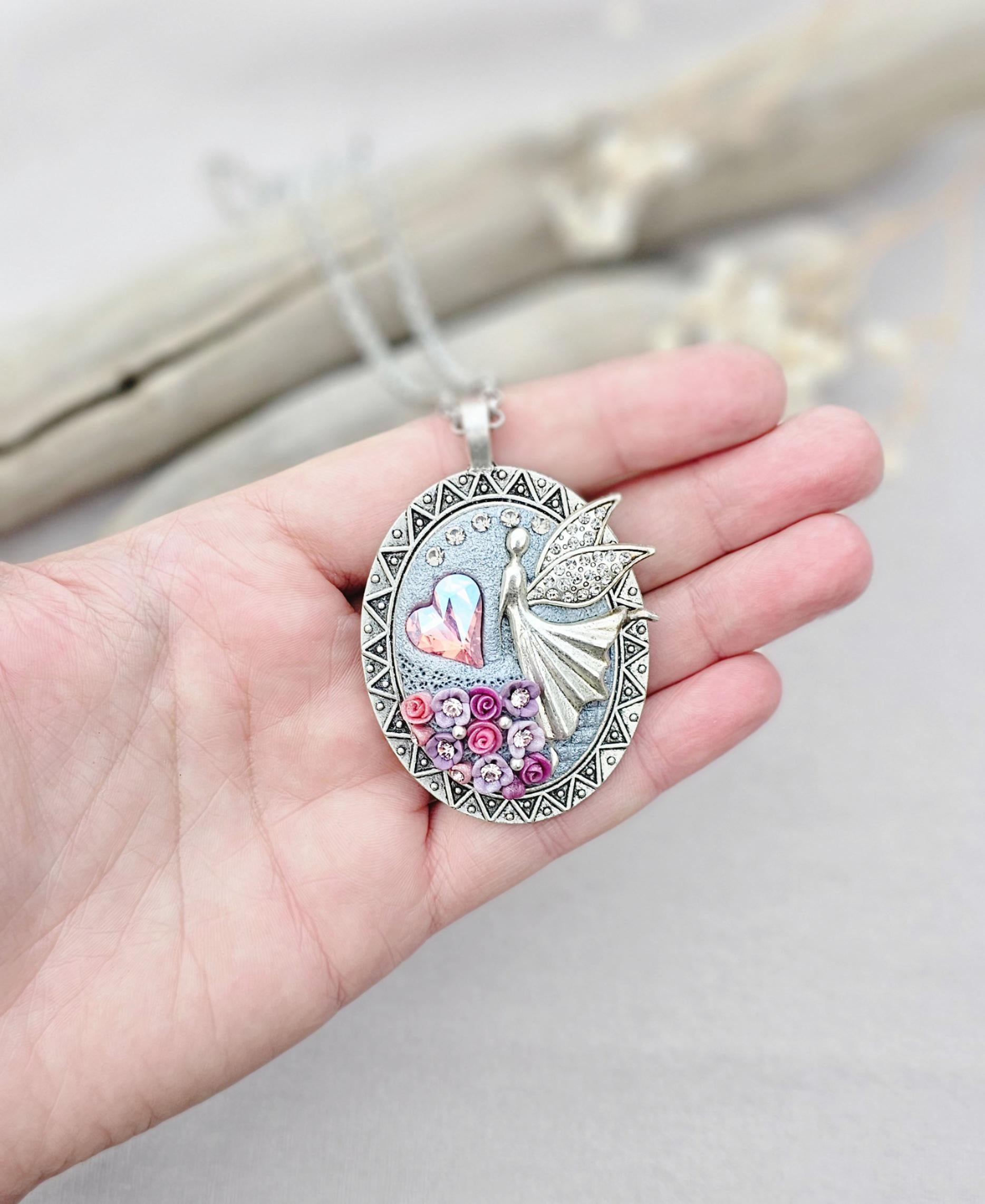 lavender fairy pendant, soft pink locket, fairy jewelry, silver chain necklace, photo locket, aromatic locket, handcrafted flowers, unique gift, whimsical charm, magical necklace, elegant jewelry, fairy tale locket, polymer clay pendant