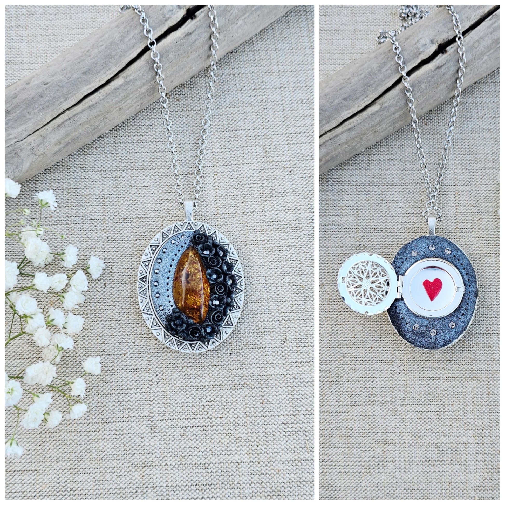 Handmade Double Sided Baltic Amber Pendant Locket with Silver Tone Metal, Perfect Medallion for Photo or Essential Oil