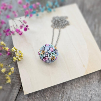 Pastel Bouquet Polymer Clay Pendant with Crystals on Metal Chain – Handmade Floral Jewelry
