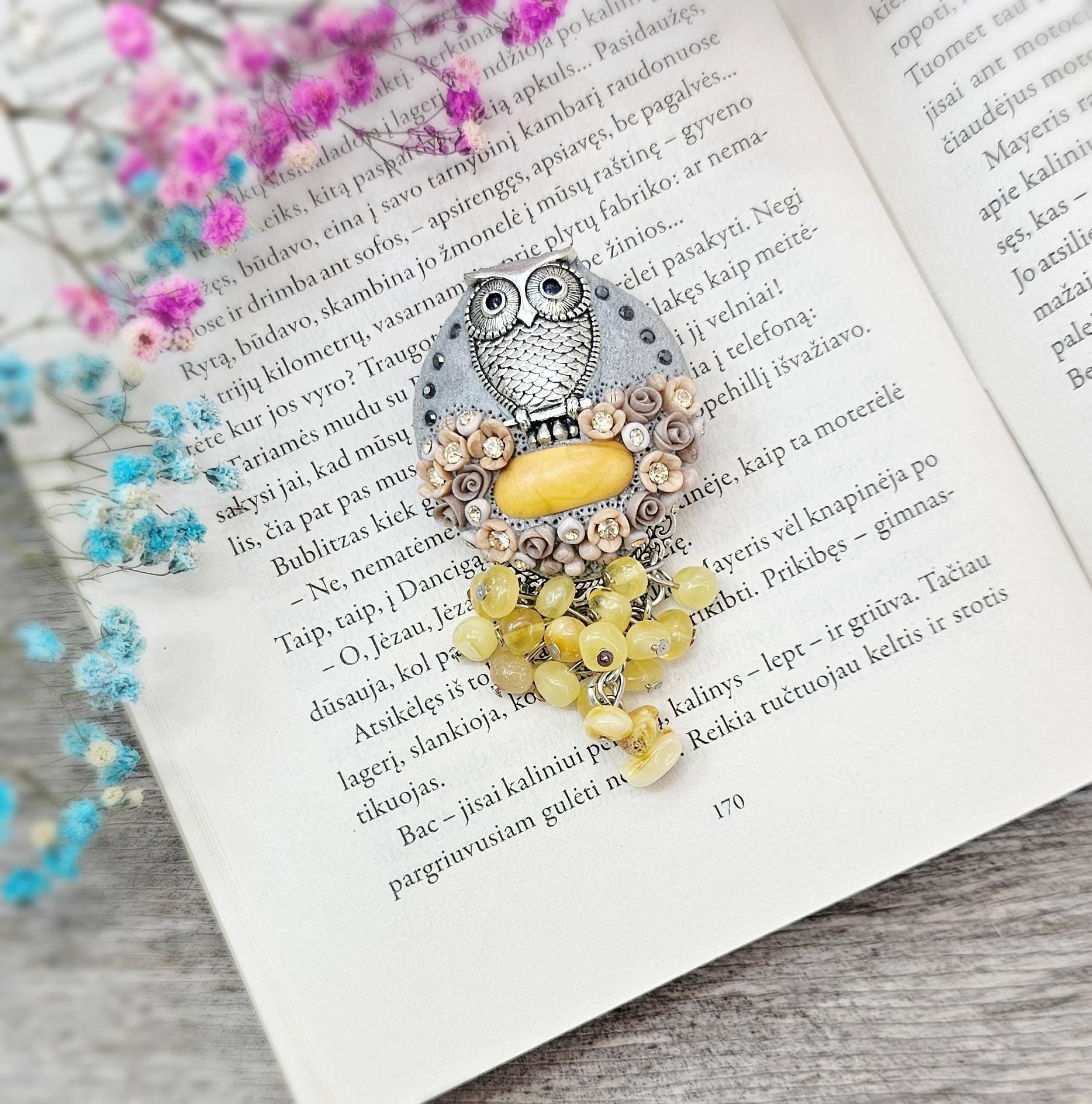 handmade polymer clay brooch with owl and handmade flowers and baltic amber