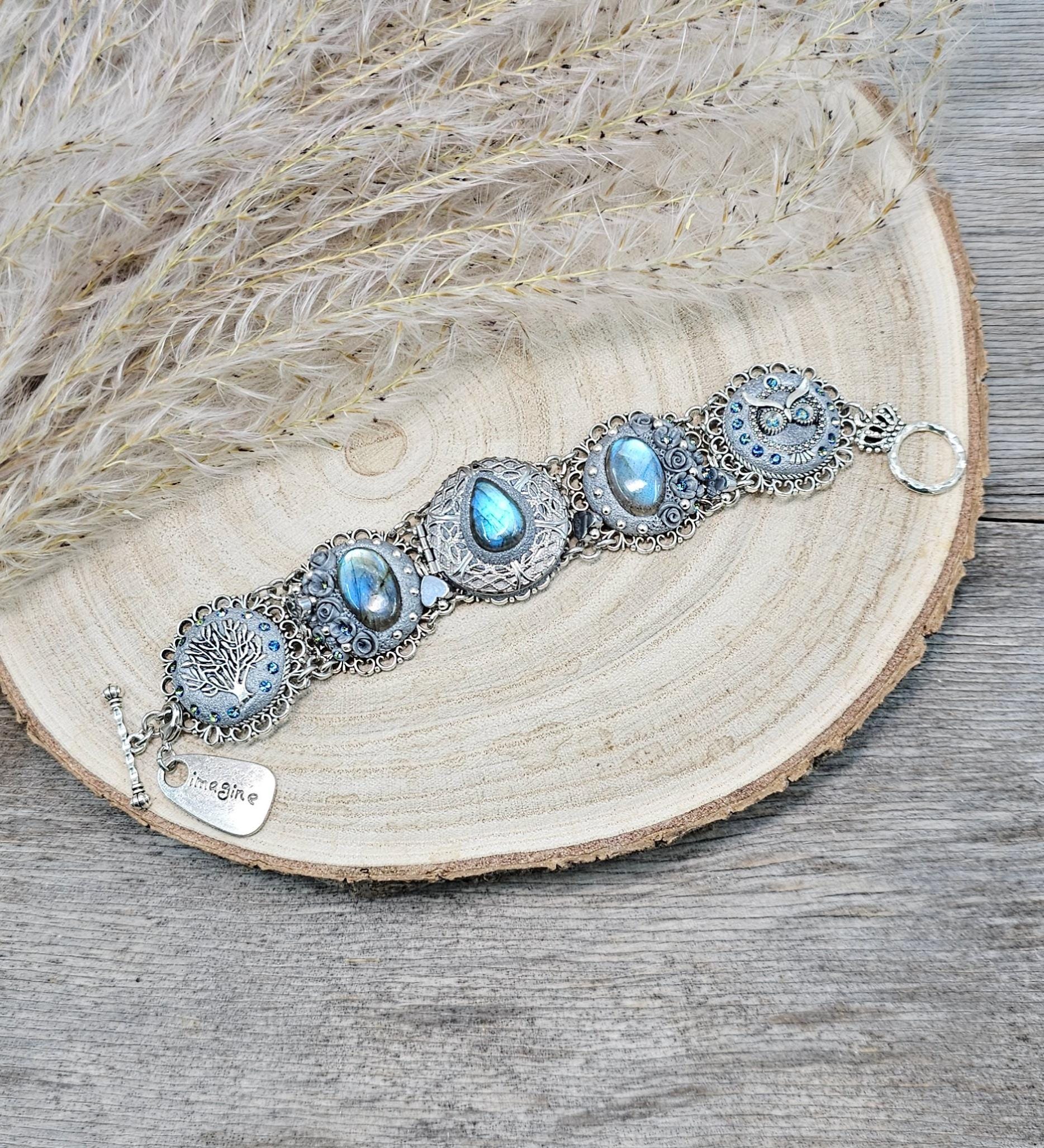 unique bracelet with tree labradorite stone, labradorite bracelet, bracelet with locket, photo bracelet, tree of life, owl jewelry, imagine. blue bracelet