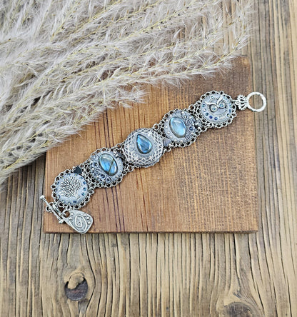unique bracelet with tree labradorite stone, labradorite bracelet, bracelet with locket, photo bracelet, tree of life, owl jewelry, imagine. blue bracelet